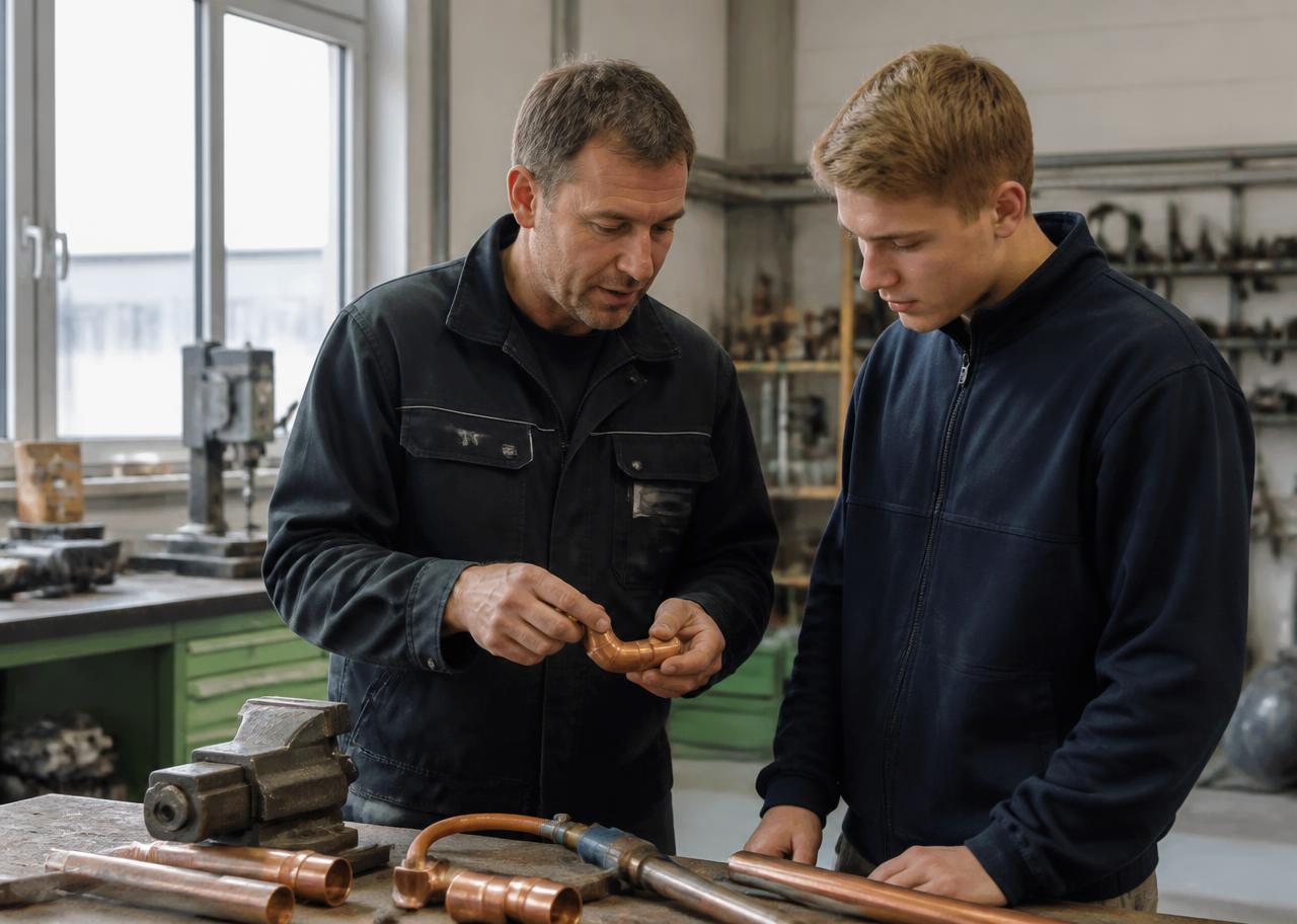 Ausbilder erklärt einem Auszubildenden in der Werkstatt eine Kupferrohrverbindung